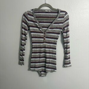 Fashion Nova Striped Ribbed Long Sleeve Henley Bodysuit Gray Blue Burgundy Small